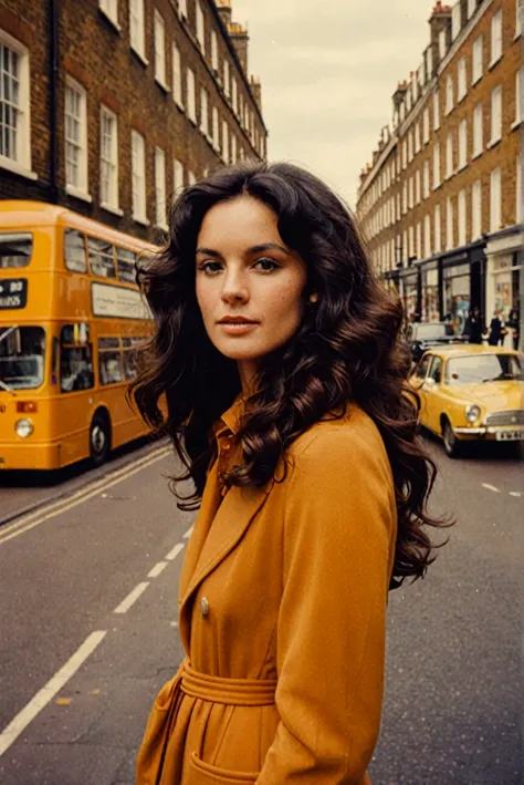 Polaroid photo of a woman with a vintage 70s aesthetic, black wavy hair, warm tones, faded colors, nostalgic feel, candid pose, 1970s busy london street
Fine art photography style 