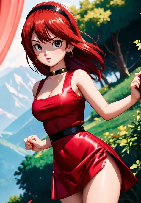 (photo:1.3), highdetail, bulla, 1girl, solo, red headband, red dress, (acclaimed, alluring, captivating, exciting, gorgeous, str...