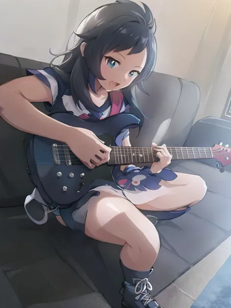 10 year old  singing and playing guitar, anime styling