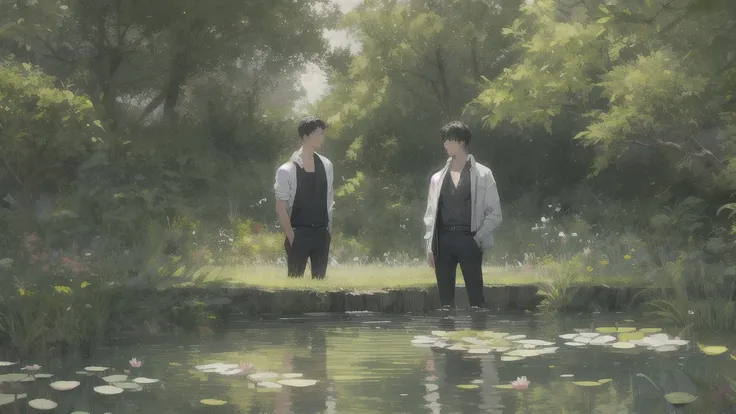 show 2 people, a beautiful woman in a pond, a young man hiding behind the tree