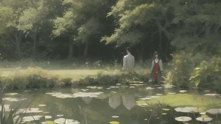 show 2 people, a beautiful woman in a pond, a young man hiding behind the tree