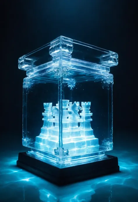 image of a transparent white glass hypercube underwater, é made of glass transparente, chess piece, made of glass, completely tr...