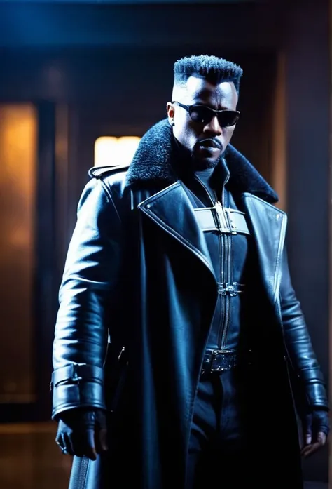 cinematic film still portrait shot,(((head shot)))of blade the daywalker
blade the daywalker a man in a leather trenxh coat,
 sh...