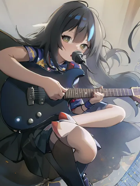 10 year old  singing and playing guitar, anime styling