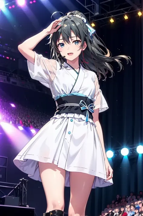 yukino, yukino yukinoshita, black hair, blue eyes, long hair, ahoge,happy smile, smile, open your mouth,アイドル歌手がライブstageで熱狂的に歌うシー...