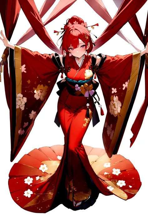 (masterpiece, best quality:1.2), White background、Long red hair tied up、Japanese style、White background、Red kimono、With arms outstretched、whole body、Plum blossom accessories、Plum blossom hair clip、Golden Japanese pattern decoration、
