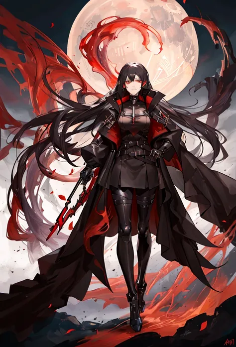 (spawns a tall adult woman with long black hair and red irises, futuristic black clothing using a dark toned jacket, a somewhat deranged smile with an aura of red power and a lunar atmosphere, Epic