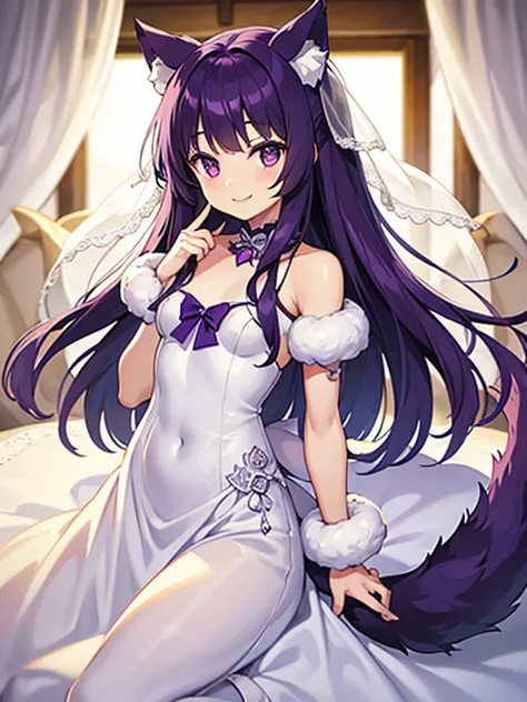 Cute, young, flat chest, 10 years old, wedding dress, wolf ears, fluffy tail, dark purple hair, dark purple tail, smiling