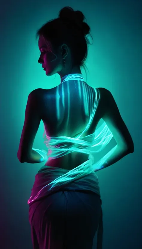 Double Exposure Style,Volumetric Lighting,a girl (Supermodel) with Wrap top,arching her back, beautiful tattoo (neon light), Traditional Attire,Artistic Calligraphy and Ink,light depth,dramatic atmospheric lighting,Volumetric Lighting,double image ghost ef...