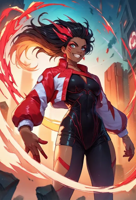 (spawns a tall adult woman with long black hair and red irises, futuristic black clothing using a dark toned jacket, a somewhat deranged smile with an aura of red power and a lunar atmosphere, Epic