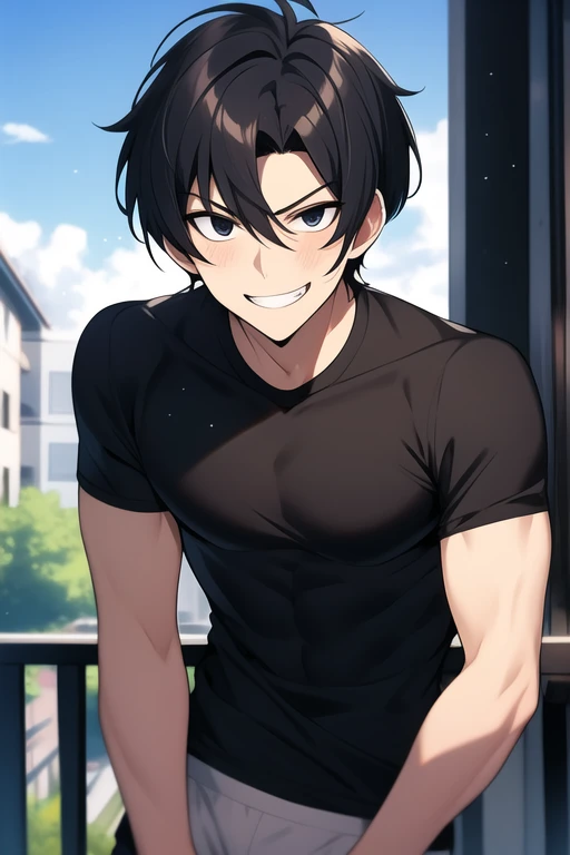 Chico, messy black hair, wide, serious look, front balcony photo, scaring the viewer, black eyes,, athletic body, worked abdomen, Chico hombre, wide, Chico, marked abdomen, black t-shirt, flirtatious smile