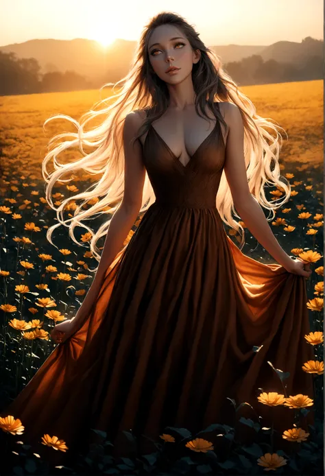 (realistic ultra details), lumino, a woman standing in a field of flowers, beautiful detailed eyes, beautiful detailed lips, extremely detailed face, long eyelashes, romantic expression, elegant long dress, flowing hair, soft lighting, natural landscape, g...