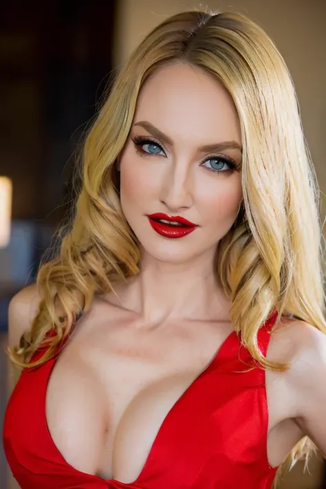 beautiful blonde k3ndr4j4m3s, with striking blue eyes and red lips dressed in a fitted red dress. realistic photo, Masterpiece, 