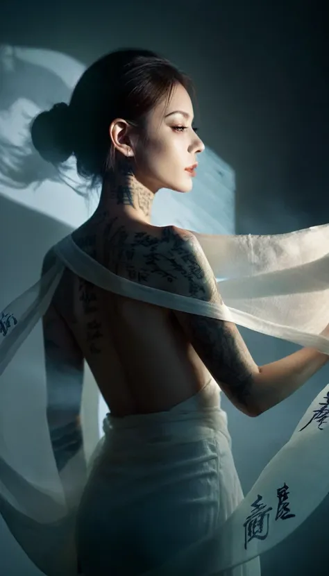 Double Exposure Style,Volumetric Lighting,a girl (Supermodel) with Wrap top,arching her back, beautiful tattoo, Traditional Attire,Artistic Calligraphy and Ink,light depth,dramatic atmospheric lighting,Volumetric Lighting,double image ghost effect,image co...