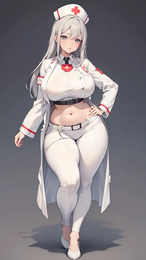 ((blank background)), masterpiece, best quality, silver hair, (big breast:1), ((full body framing)), symmetry, nurse woman, nurse uniform, nurse cap, long pants, ((curvy)), wide hips thick thighs, only white, all white, belt below navel, ((lab coat))