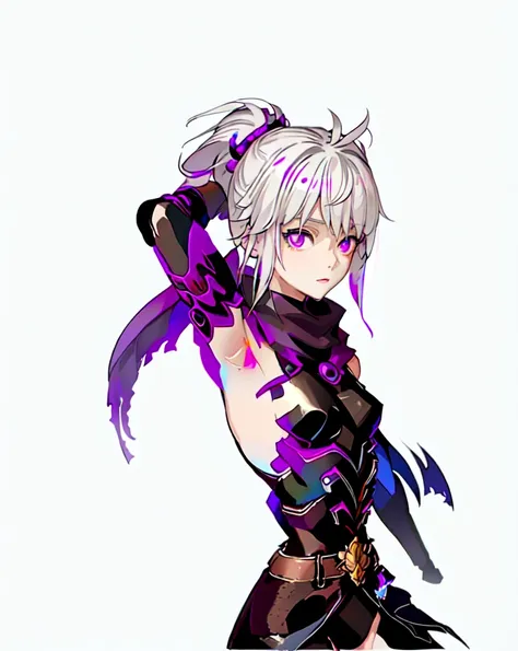 upper body, 1 girl, white hair, ponytail, purple eyes, (ninja), dagger, moderate breath ,scarf, wallpaper, magic circle backgrou...