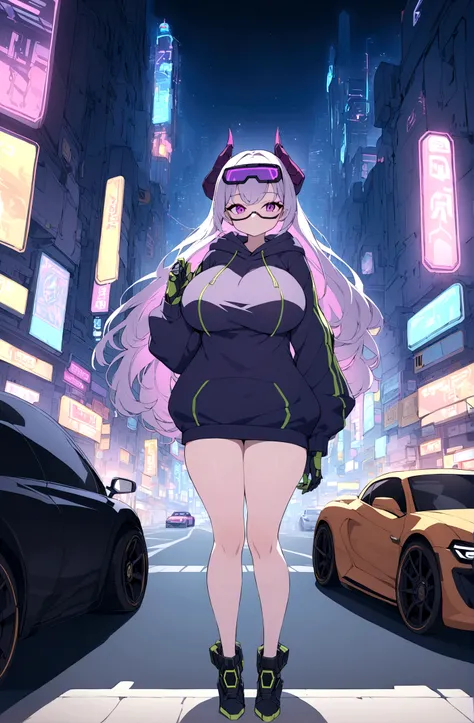 Slim teen girl, huge tits,  standing at the middle of road, wearing black purple hoodie with (big oversized metal cyberpunk military power gloves), wearing cyber glasses, neon city, at night, cars, cybernetic horns