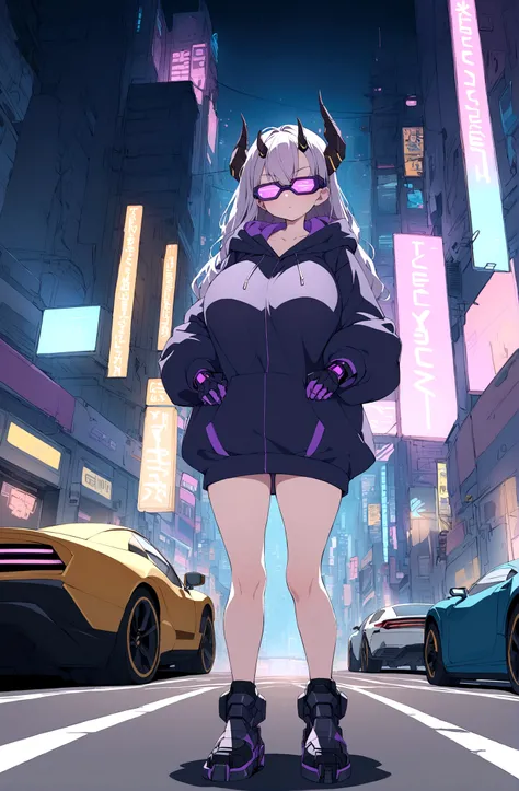 Slim teen girl, huge tits,  standing at the middle of road, wearing black purple hoodie with (big oversized metal cyberpunk military power gloves), wearing cyber glasses, neon city, at night, cars, cybernetic horns