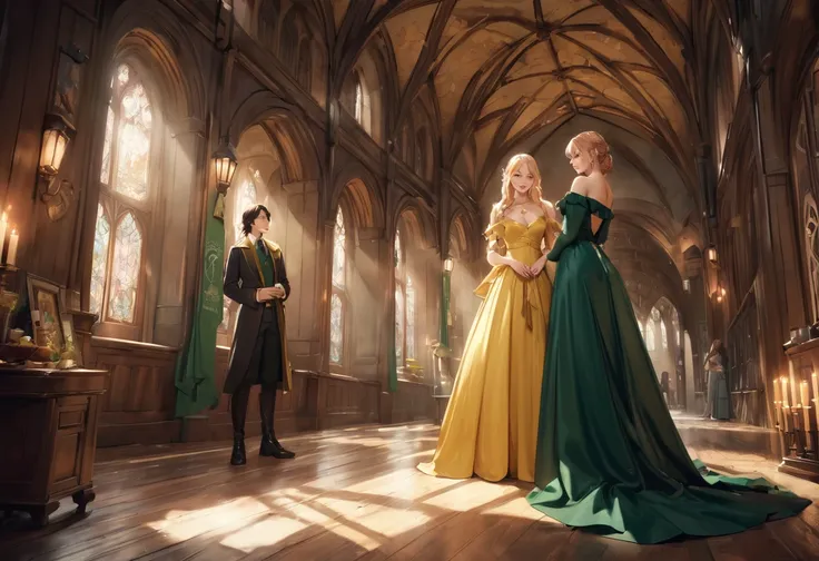 Casal blond abraçados de frente com suas capas das casas de Hogwarts,, homem Sonserina blond, Hufflepuff Hufflepuff and blonde, Slytherin men fall in love in the enchanted world of Hogwarts, blond, Mulher Lufa Lufa loira e Homem Sonserina blond se envolvem...