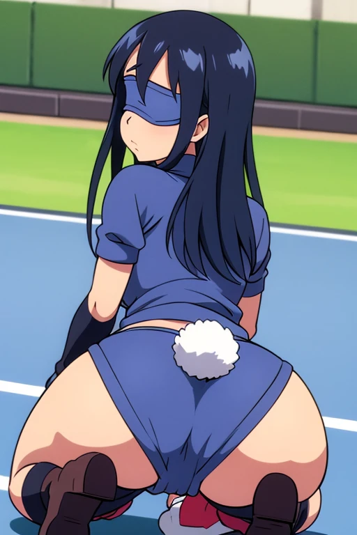 tennis girl in tight mini virgin killer sweater, rear butt anus, showing her anus, on her knees, wearing oven mittens tucked in pockets, blindfold
