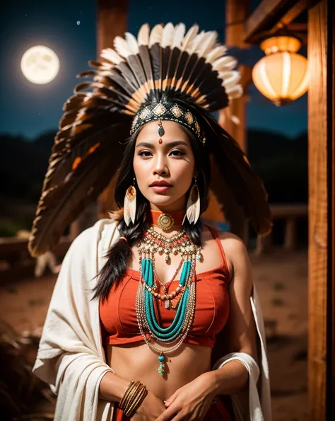 beautiful cherokee indian woman with beautiful terracotta colored headdresses, blackw, doradas, cobre, pearl, white and beige, f...