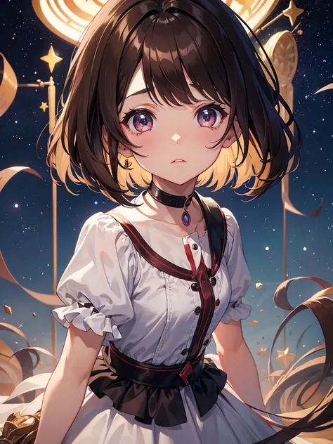 make a 7 year old girl, Brunetette, with short brown hair and big, starry eyes, is surrounded by other children who laugh and make unpleasant comments. She shrinks, trying not to cry. anime styling