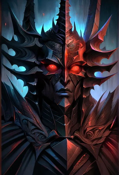 a highly detailed portrait of Sauron, the Dark Lord, extremely intricate and realistic, masterfully rendered, dark and ominous atmosphere, glowing red eyes, sharp angular features, menacing expression, ornate dark armor, dramatic lighting, moody color tone...