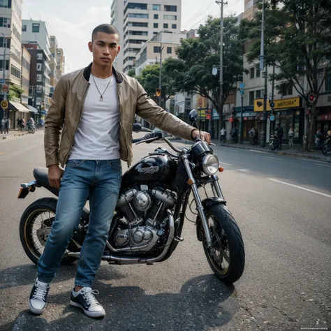 Photo of handsome Indonesian man,tall and athletic,buzzcut hairstyle,jacket jeans,jeans,canvas shoes,riding a motorcycle,on the main road of a city,10k uhd,300 dpi.