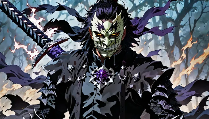 demon mask, sword on the hand,close up, black heavy detailed clothes, strong black/purple colors, hand katana, art, dark and mal...