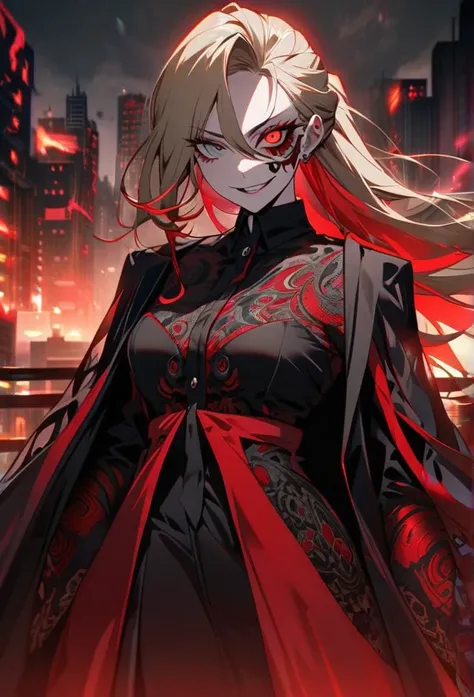 A striking female portrait featuring a woman with long, light blonde hair streaked with lots vibrant red highlights, creating a unique two-tone effect, long hair  ponytail. Her large, piercing red and bloodshot eyes gaze intensely, adding an unsettling yet...