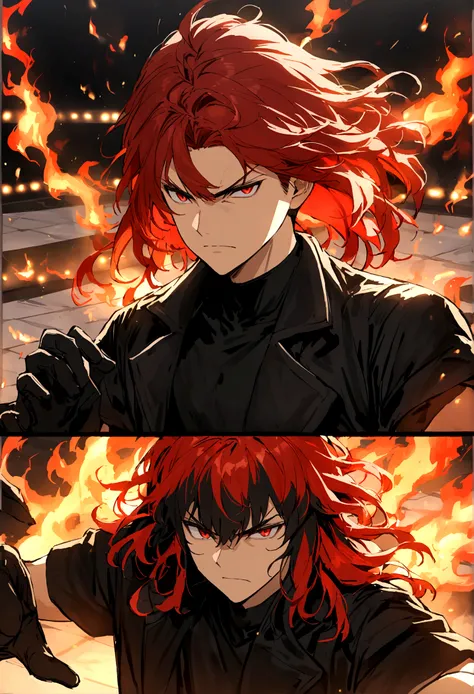 Teenage boy, tidy hair, medium length hair, hair with bangs covering the left eye, multicolored black and red hair, serious face, Eyes red, black jersey, loose red short-sleeved overcoat, pair of medium black gloves, fire aura around the character, scene i...