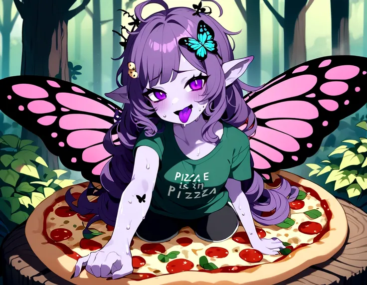 1 g1 gothic monster girls, with long messy hair, dark green and purple hair, creepy hair ornament, flowers in hair, bugs in hair, lots of bugs in her curly hair, pretty face,very sweaty gymshorts, t-shirt, purple skin tone, skin color, pink polka dots on h...