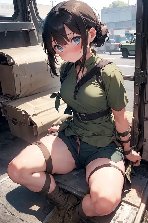 1 girl, sitting, inside a military vehicle, (((short sleeve, military uniform, mini shorts))), ((restrained)), (tied up:1.5), tied up, handcuffed, restrained, (worried:1.5), (blushing:1.5), perfect body, perfect face, perfect eyes, detailed eyes, beautiful...