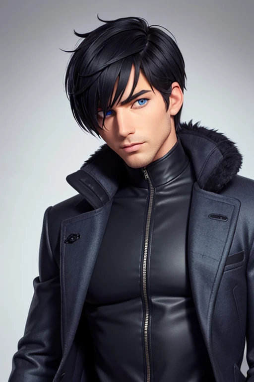 male, mature male, manly, blue eyes, short hair, black hair, hair-over-one-eye, cool, calm, coat