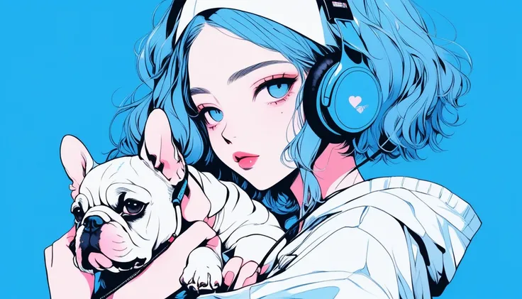 Illustrator, anime , Realistic ,sketch , A girl holding a cute bulldog puppy wearing headphones, ,lip, T-shirt,order,Textured Trim, (masterpiece,Highest quality) Blue background, Neon Hair,Textured Trim, Canadian, (masterpiece,Highest quality) Cancer，