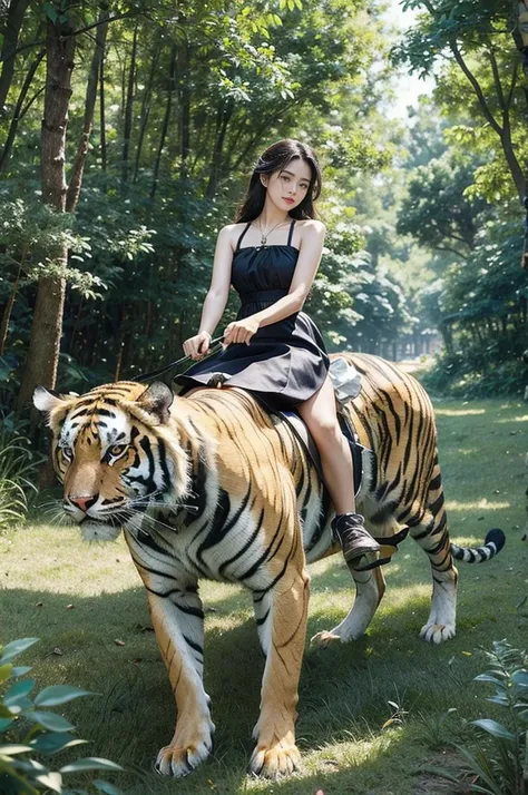 (((best quality))), (((ultra detailed))), (((masterpiece))), illustration, summer forest, beautiful girl,riding on a tiger, lush green trees, animals, beautiful dress, sandals, leash, collar, stick, calm, confident, powerful animal, terrifying, beautiful, ...