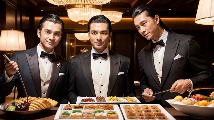 A man with his bangs down and a man with his hair slicked back are taking a photo together, Japanese, Luxury Suits, Luxury hotel buffet