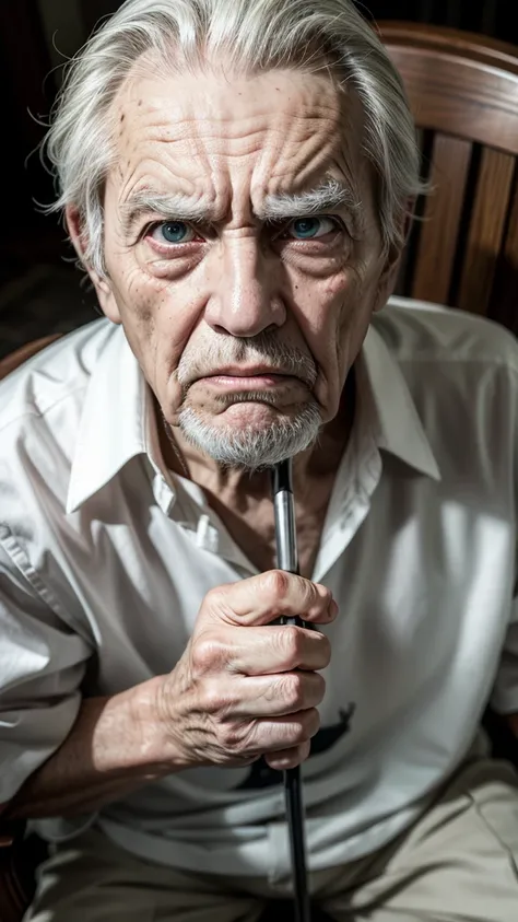 Elderly man sitting on a chair holding a cane and angry face High quality, perfect eyes, angry eyes