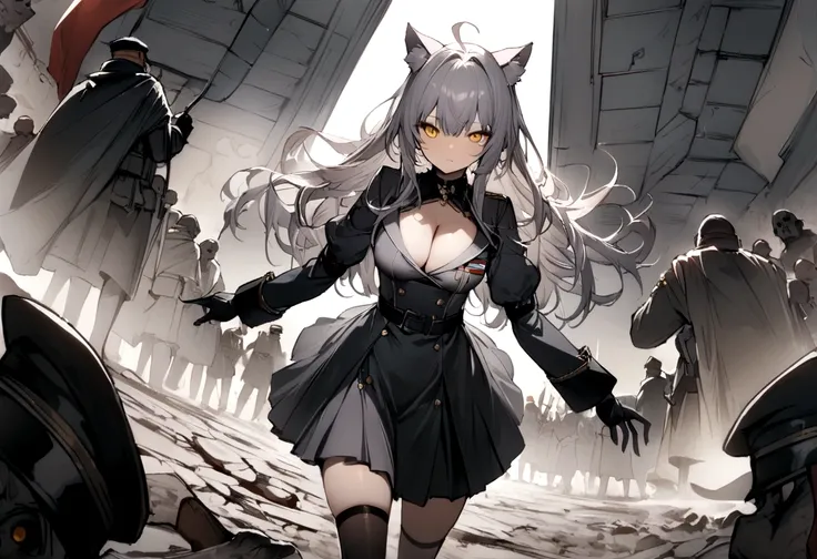 Dynamic Angles、Raising the German flag、Suspicious Gathering、Surrounded by enemies、(masterpiece, best quality:1.2), 1girl, 独奏、Gray cat ears、Grey long hair、Ahoge、Yellow Eyes、Gray cat ears、Background of military bases、Fisheye Lens、battlefield、Shadows of light...