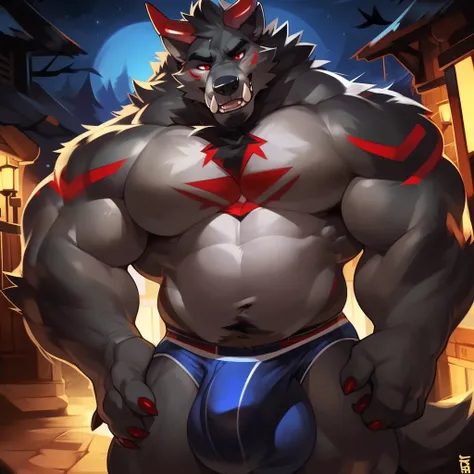 Solo, male (((giant, tall, wolf, werewolf, red eyes, grey body, Muscular, broad shoulders, hyper pecs, huge pecs, huge muscles, abs, muscular arms, muscular thighs, sharp teeth, black chest hair, black nose, tail, fangs, exposed teeth, clawed hands, clawed...