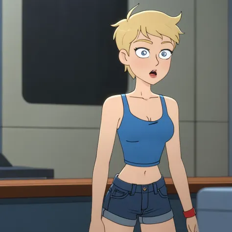 panel work of art, blue colored eyes, short blonde hair, wearing a tight blue tank top with a low neckline, wearing short, tight...