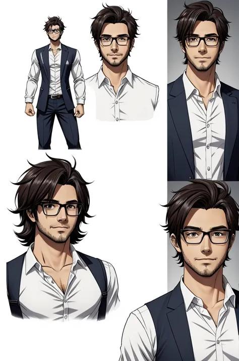 Create a tall male character, with glasses, hair disorganized and somewhat fluffy but not too much, busty with a somewhat wide build like Yohan from the manga "Address" but not so similar, with not-so-white skin and a non-realistic or semi-realistic drawin...