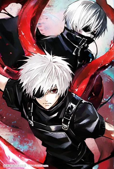 ```
ken kaneki, Tokyo Ghoul, white hair, black outfit, eyepatch, half-ghoul, serious expression, red kakugan eye, kagune tentacles, detailed face, high quality、Overall view、Uplifting、Cold-like sensation、Acrobatic

```