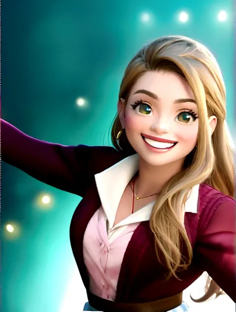 Imagem estilo pixar com personagem 3D óculos brancos mulher cabelo longo, blond, smooth dancing, Disney makeup,fisherman, cute, smiling ,close up, pixar, Disney, cinema lighting,