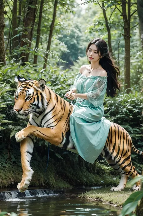 (((best quality))), (((ultra detailed))), (((masterpiece))), illustration, summer forest, beautiful girl,riding on a tiger, lush green trees, animals, beautiful dress, sandals, leash, collar, stick, calm, confident, powerful animal, terrifying, beautiful, ...