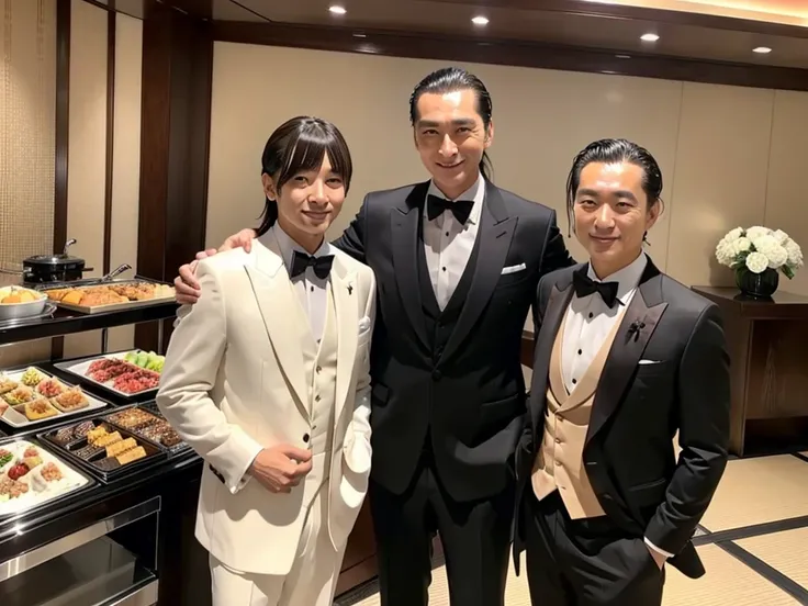 A man with his bangs down and a man with his hair slicked back are taking a photo together, Japanese, Luxury Suits, Luxury hotel buffet