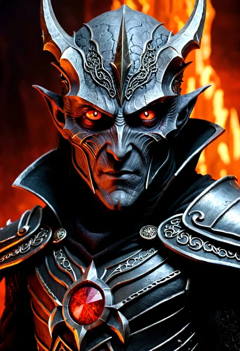 a highly detailed portrait of Sauron, the Dark Lord, extremely intricate and realistic, masterfully rendered, dark and ominous atmosphere, glowing red eyes, sharp angular features, menacing expression, ornate dark armor, dramatic lighting, moody color tone...