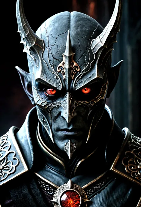 a highly detailed portrait of Sauron, the Dark Lord, extremely intricate and realistic, masterfully rendered, dark and ominous atmosphere, glowing red eyes, sharp angular features, menacing expression, ornate dark armor, dramatic lighting, moody color tone...