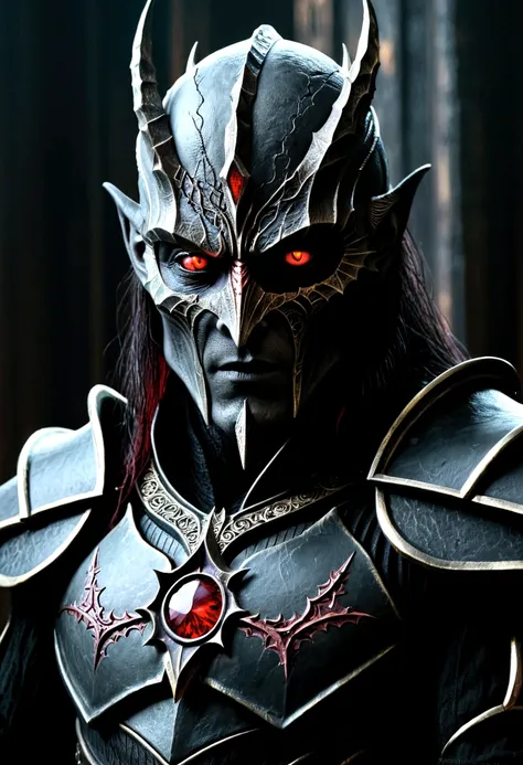 a highly detailed portrait of Sauron, the Dark Lord, extremely intricate and realistic, masterfully rendered, dark and ominous atmosphere, glowing red eyes, sharp angular features, menacing expression, ornate dark armor, dramatic lighting, moody color tone...