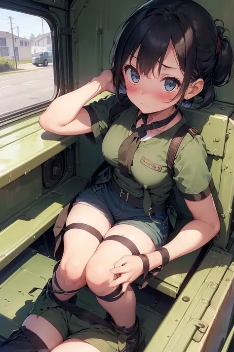 1 girl, sitting, inside a military vehicle, (((short sleeve, military uniform, mini shorts))), ((military vehicle)), arms up, (tied up:1.5), tied up, handcuffed, restrained, (worried:1.5), (blushing:1.5), perfect body, perfect face, perfect eyes, detailed ...